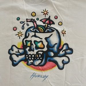 White Tiki Skull Hurley Tee Shirt Size Large